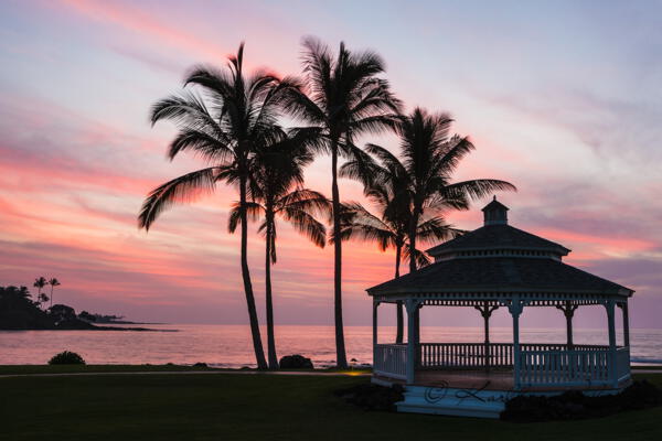 Pavillon, Sonnenuntergang am Strand, Kohala Coast, Big Island, Hawaii