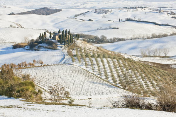 Podere Belvedere in verschneiter Landschaft, Toskana, San Quirico