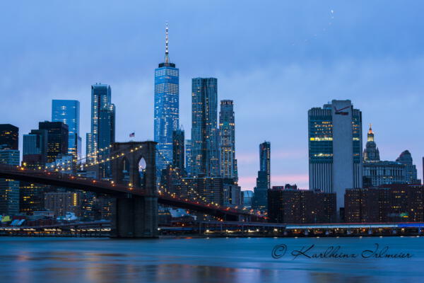 Brooklyn Bridge, one World Trade Center, New York City