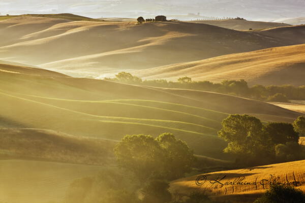 Hügelige Landschaft im Morgennebel, Toskana